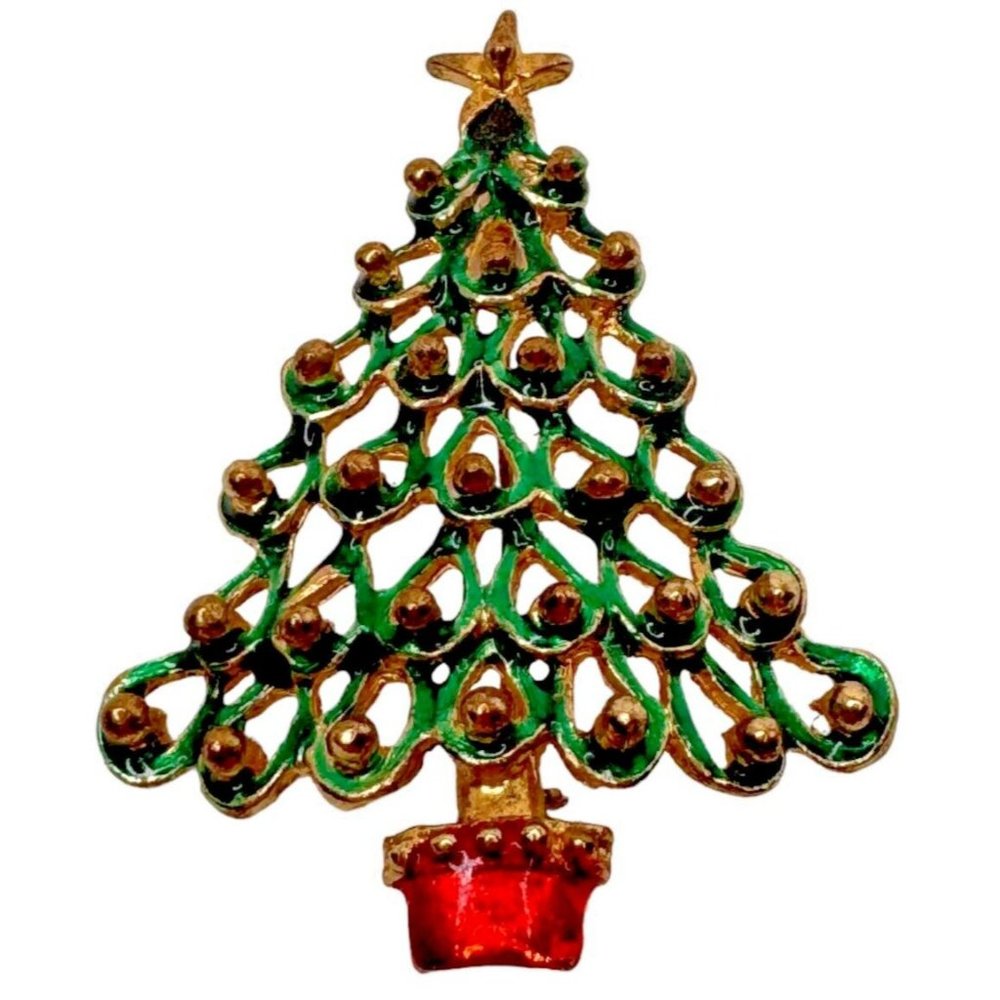 Christmas Tree Brooch Pin Vintage Jewelry Green Star Top Textured 2.5 inch